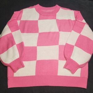Women's Pink White Checkerboard Valentines Day Sweater Med ( Fits Like L) NWOT